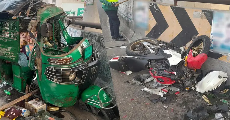 দুর্ঘটনা কবলিত সিএনজি চালিত অটোরিকশা ও মোটরসাইকেল